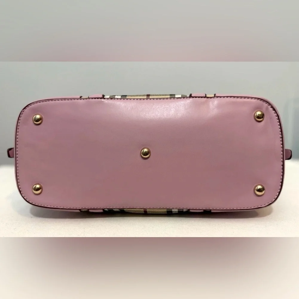 Plaid Dome Satchel Shoulder Bag Coated Canvas Pink Faux Leather Trim